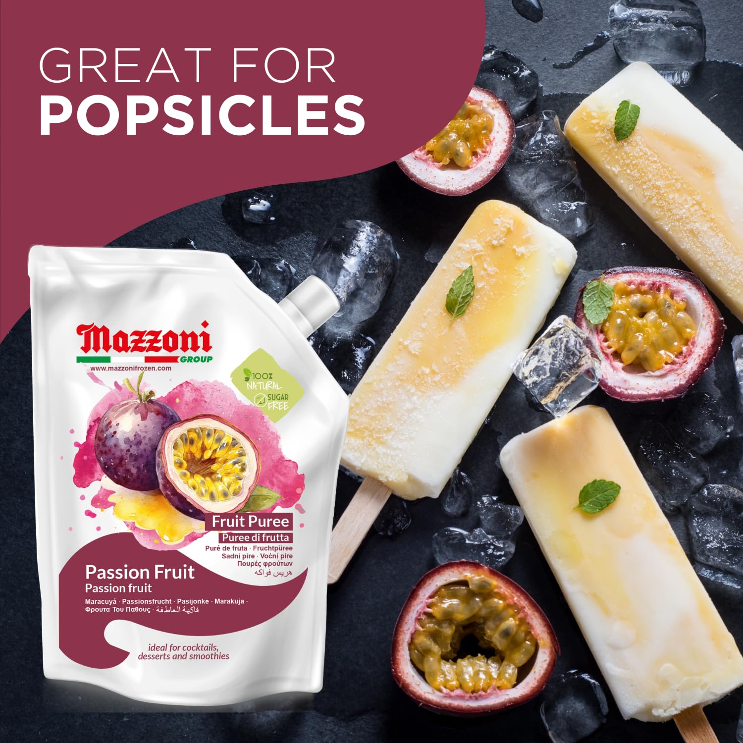 Mazzoni Passion Fruit Puree texture-focused image shows rich, thick consistency.