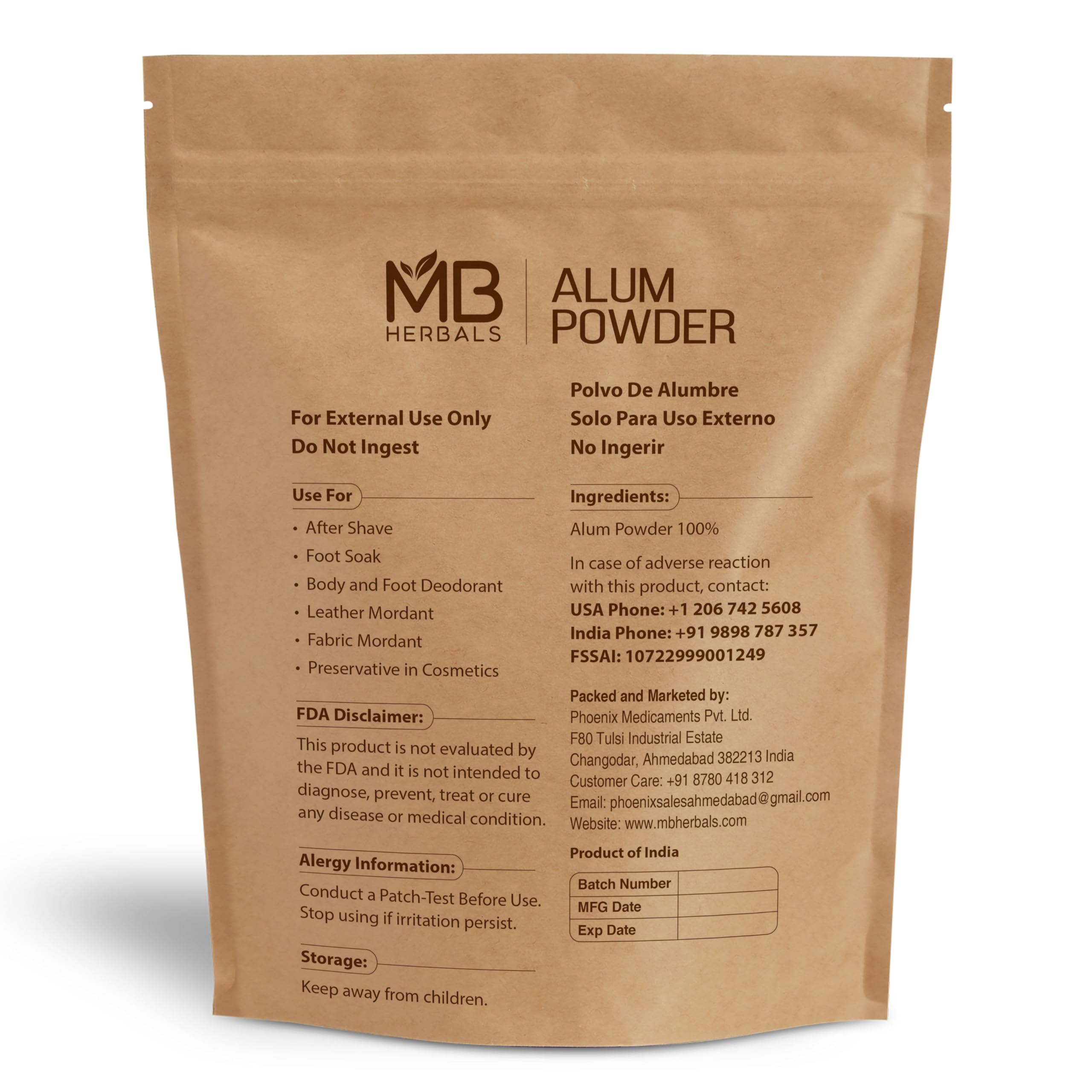 MB Herbals Alum Powder packaging in kraft pouch for safe storage