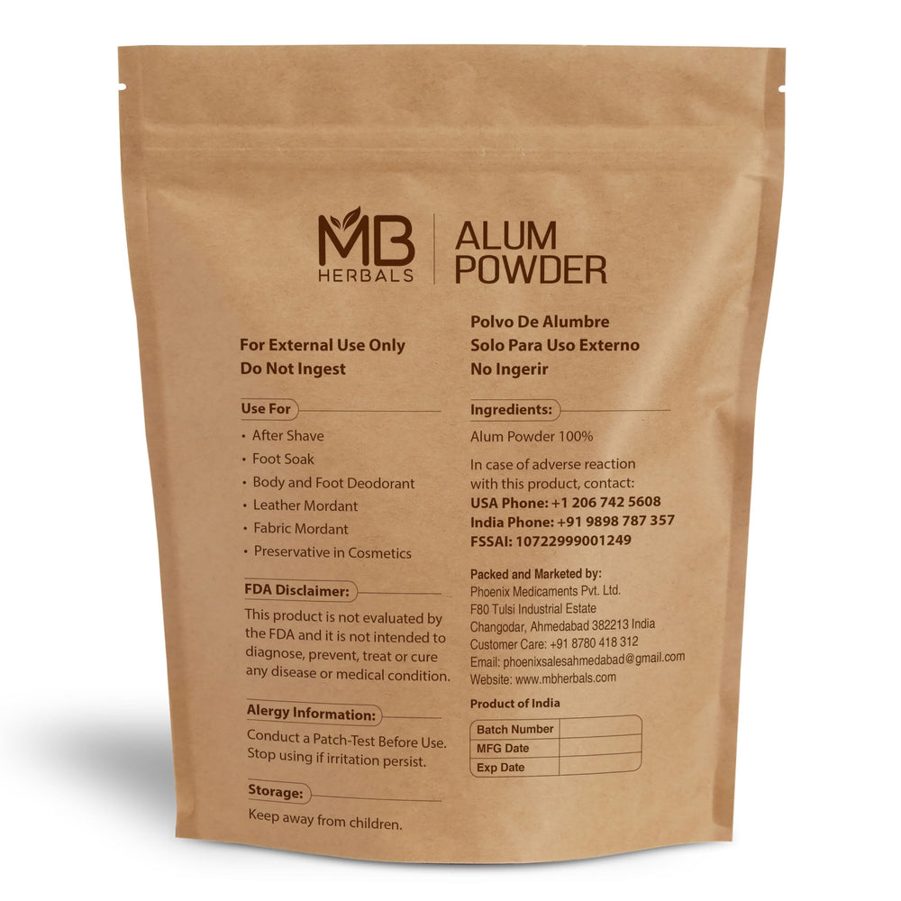 MB Herbals Alum Powder packaging in kraft pouch for safe storage