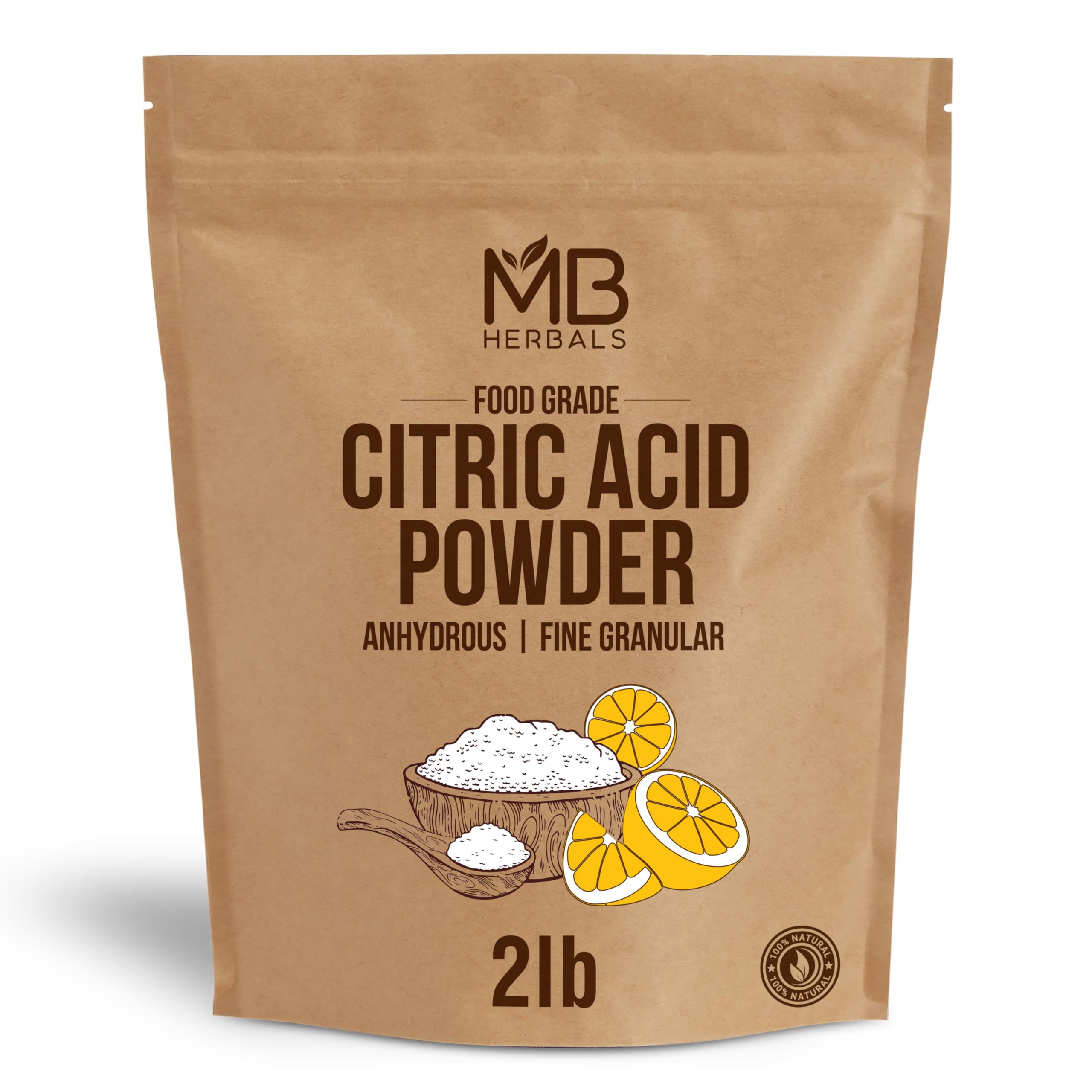 MB Herbals Citric Acid Powder 2lb in a scoop, ideal as a food preservative and flavor enhancer