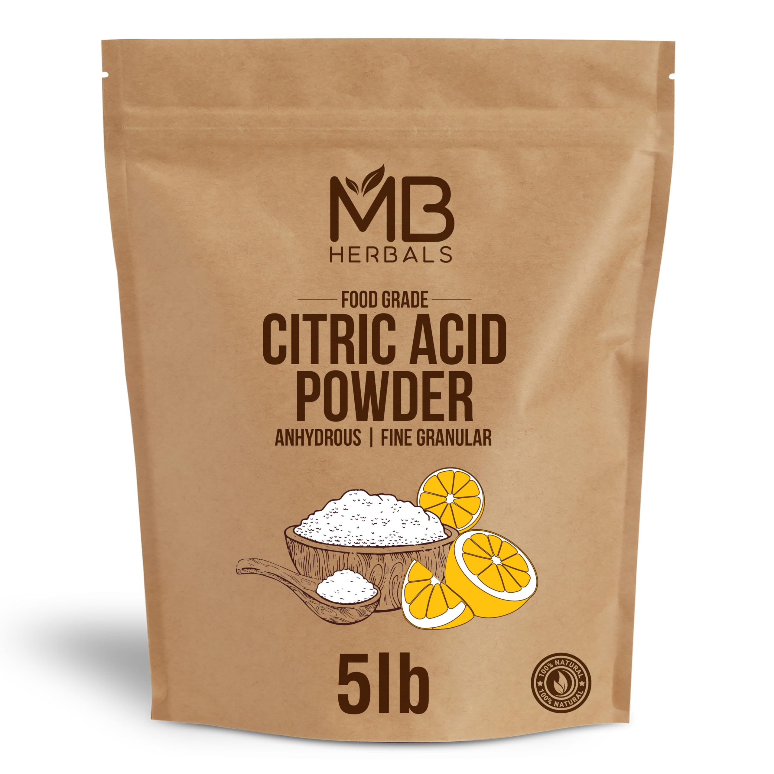 MB Herbals citric acid powder 5lb packaging, pure food-grade preservative for tartness and flavor balance.