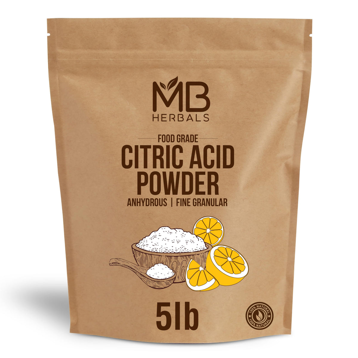 MB Herbals citric acid powder 5lb packaging, pure food-grade preservative for tartness and flavor balance.