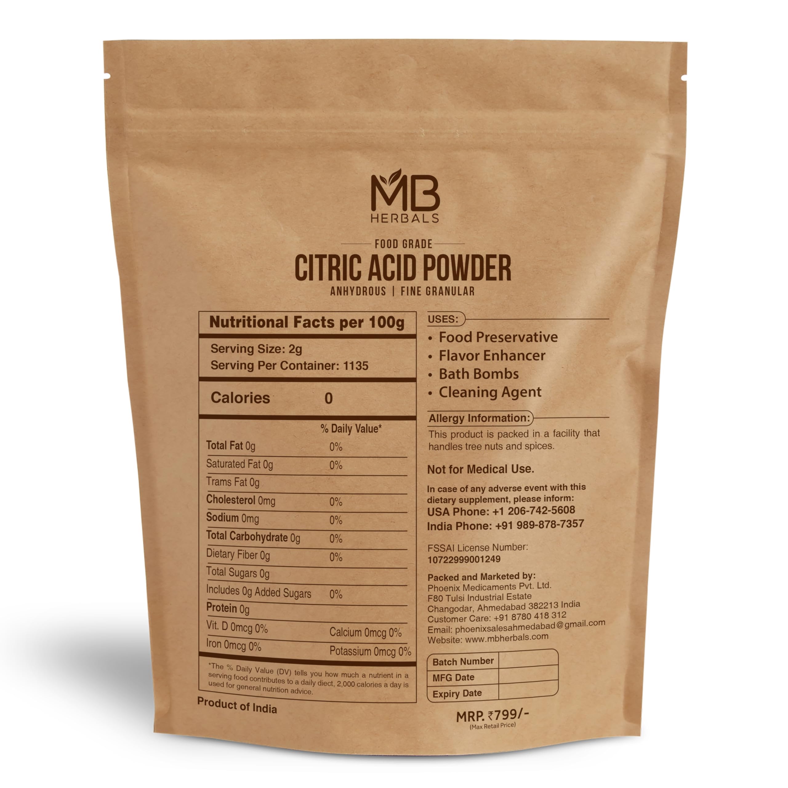 MB Herbals citric acid powder 5lb close-up of fine granules for candies, baking, and beverages.