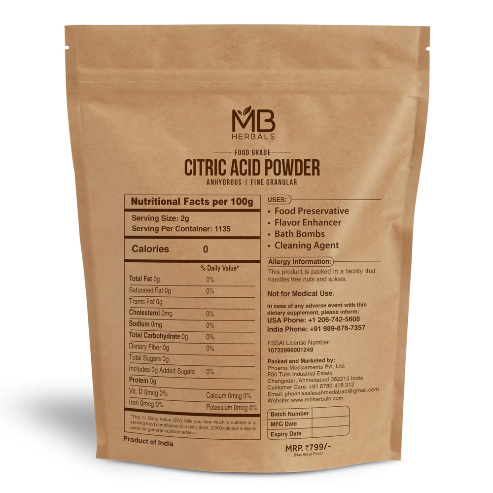 MB Herbals citric acid powder 5lb close-up of fine granules for candies, baking, and beverages.