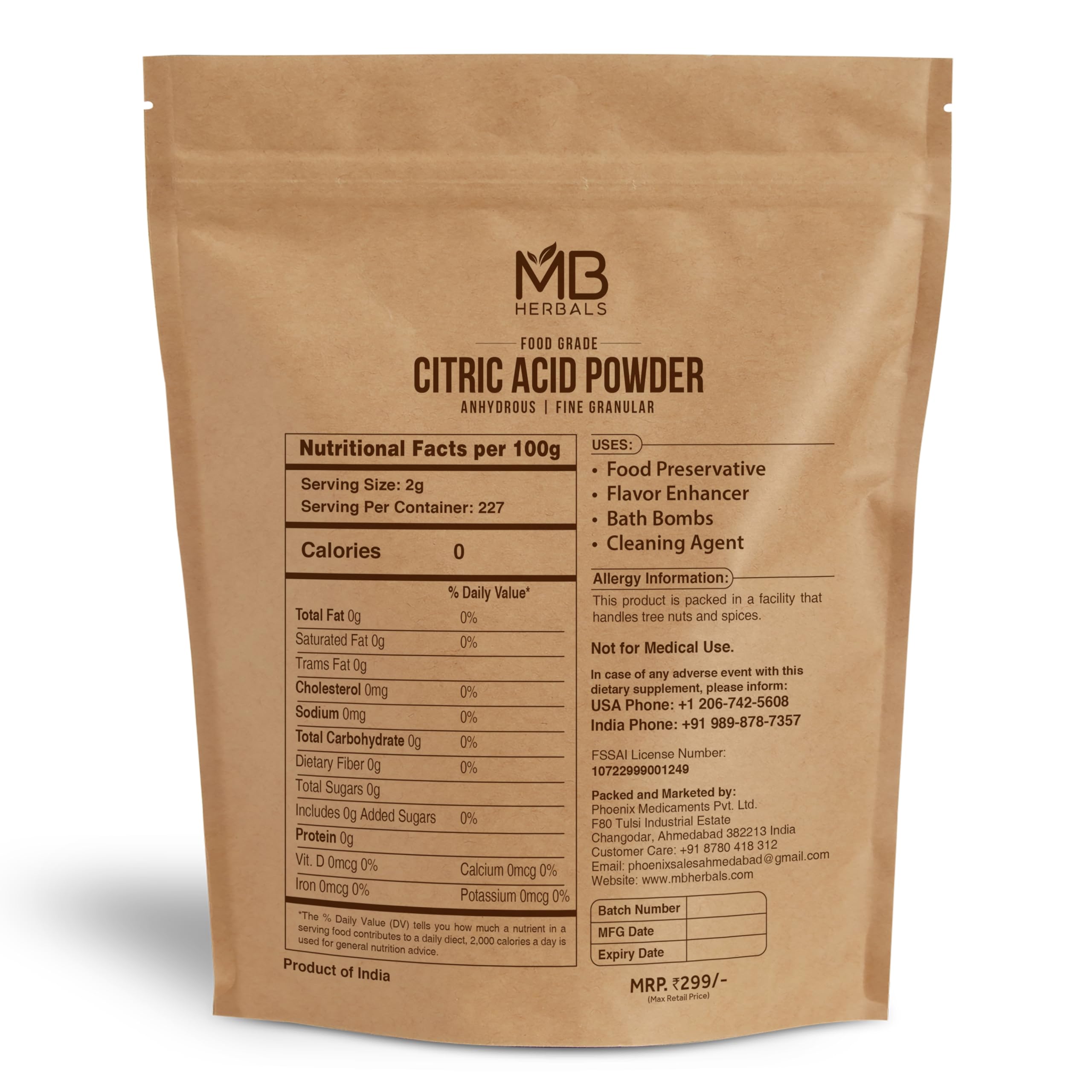 MB Herbals Citric Acid Powder dissolves instantly in water, perfect for recipes and beverages