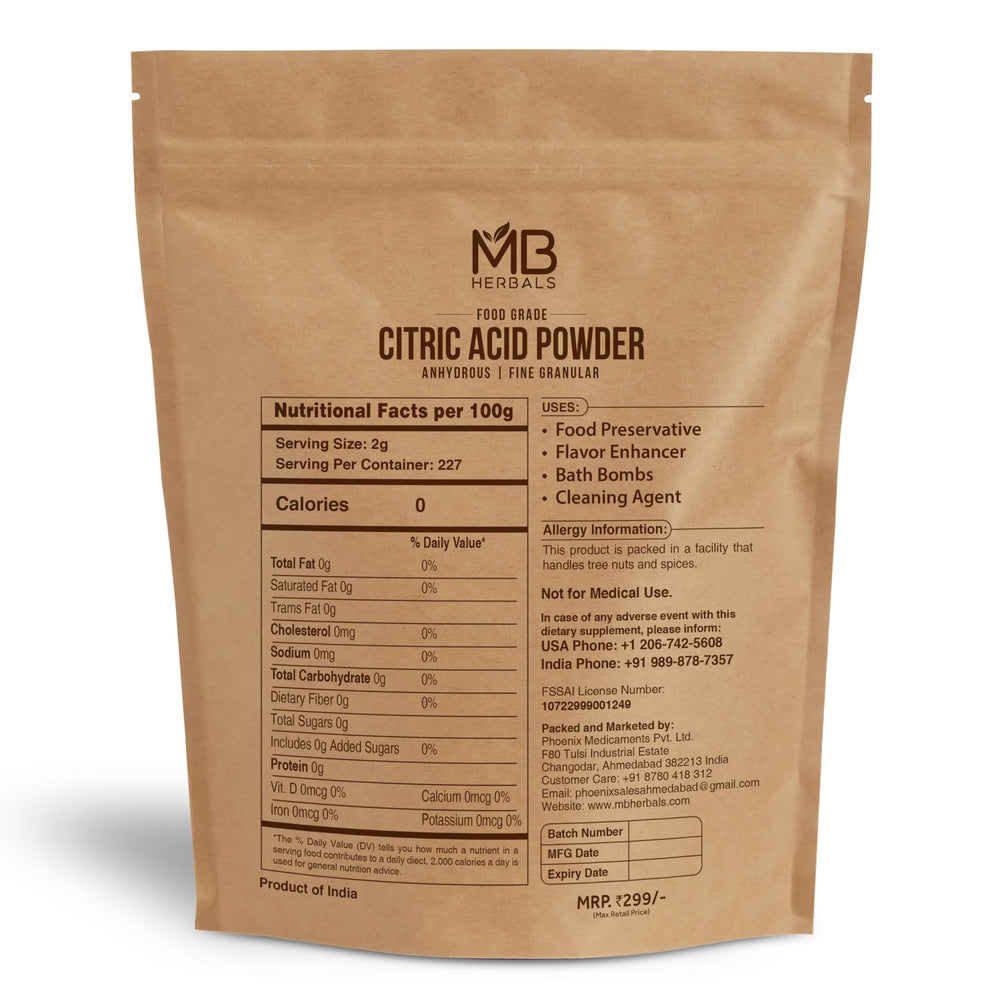 MB Herbals Citric Acid Powder dissolves instantly in water, perfect for recipes and beverages