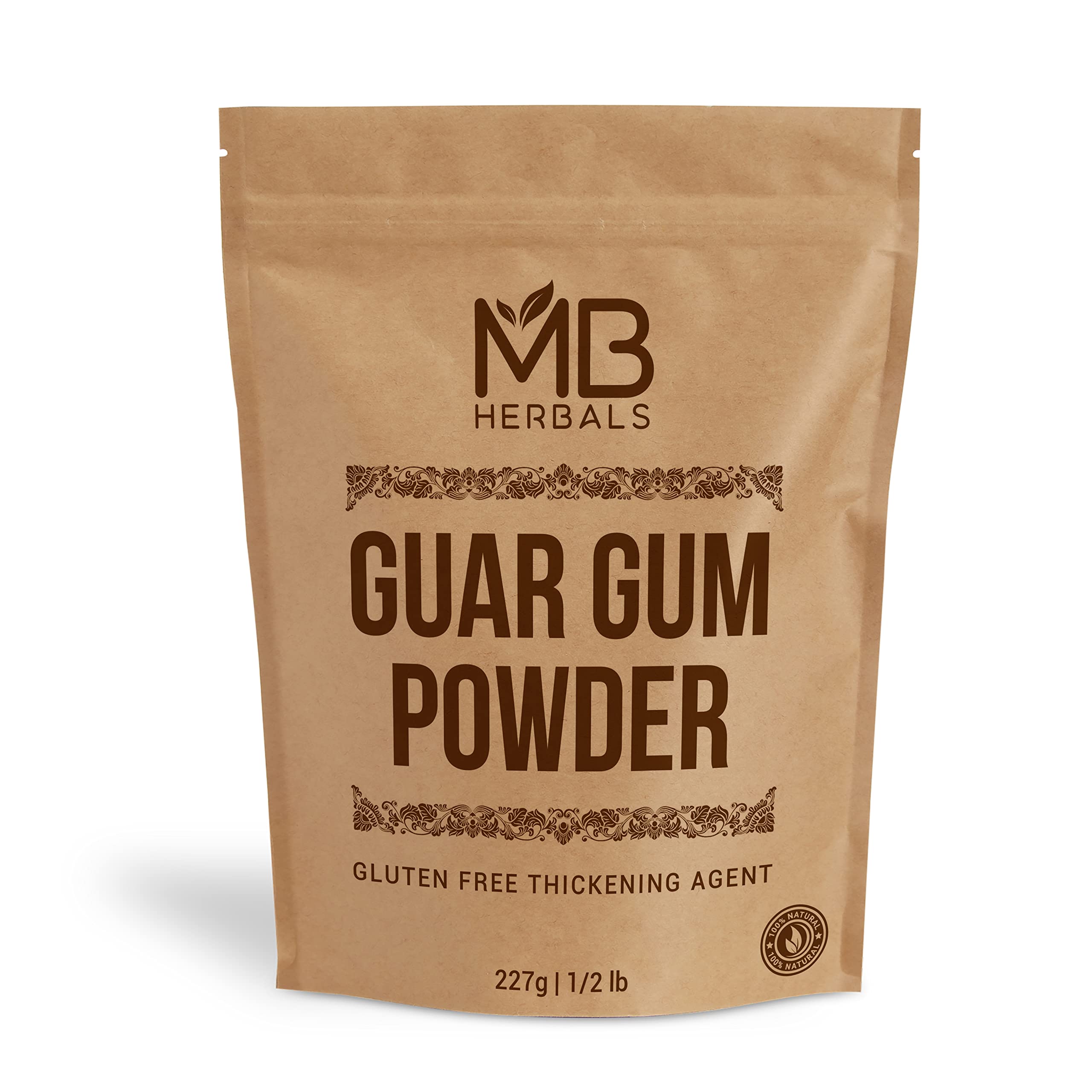 MB Herbals Guar Gum Powder bottle close-up shows gluten-free thickening power.