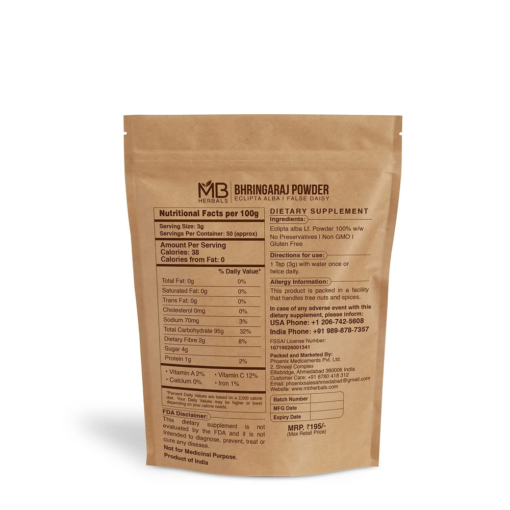 MB Herbals Pure Bhringaraj powder closeup suggests clean, additive-free formula for hair care