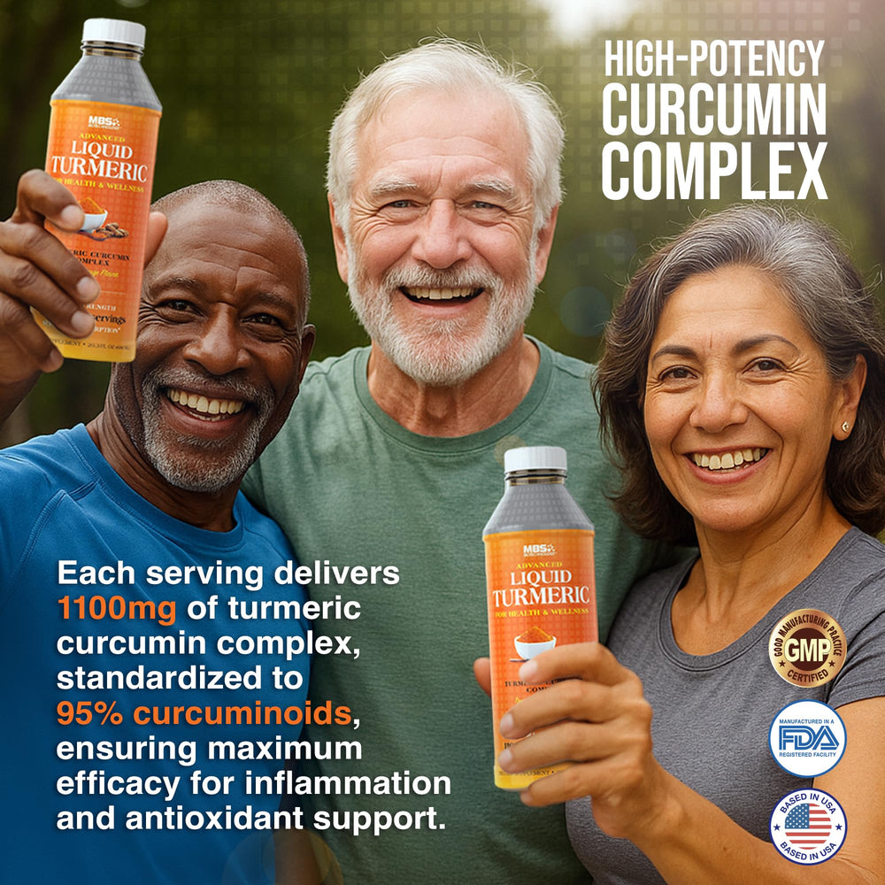 MBS Biotechnology 1100mg Curcumin with 95% Curcuminoids emphasizes strong turmeric potency in liquid.