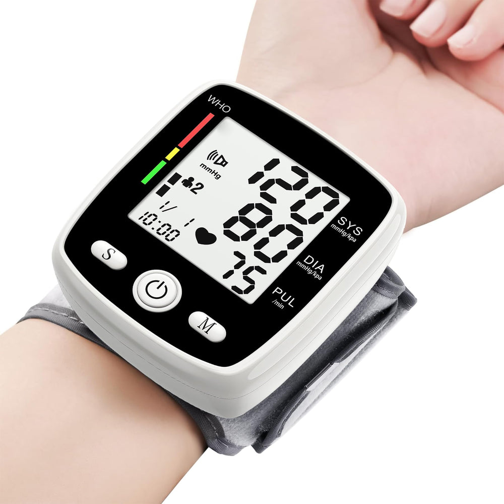 MBUPAI blood pressure monitor wrist display with clear digits for easy at-home readings.
