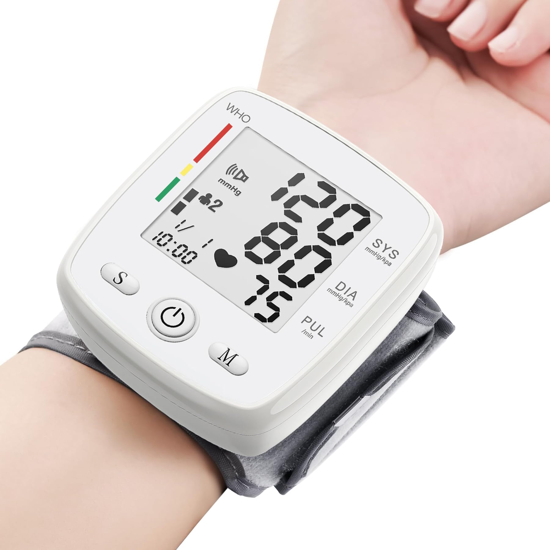 MBUPAI blood pressure wrist monitor front view with cuff ready for home use