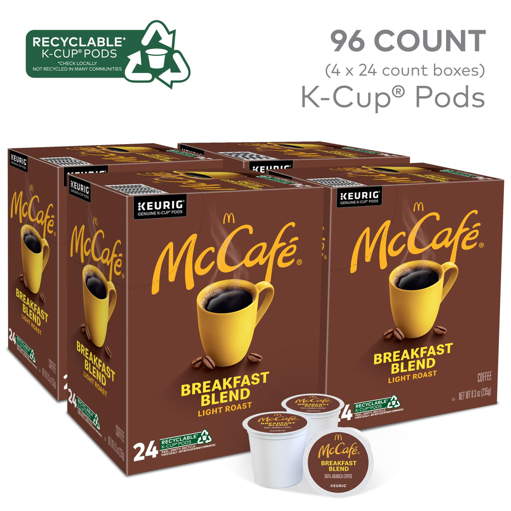 Close-up of McCafé Breakfast Blend K-Cup pods showing premium Arabica beans