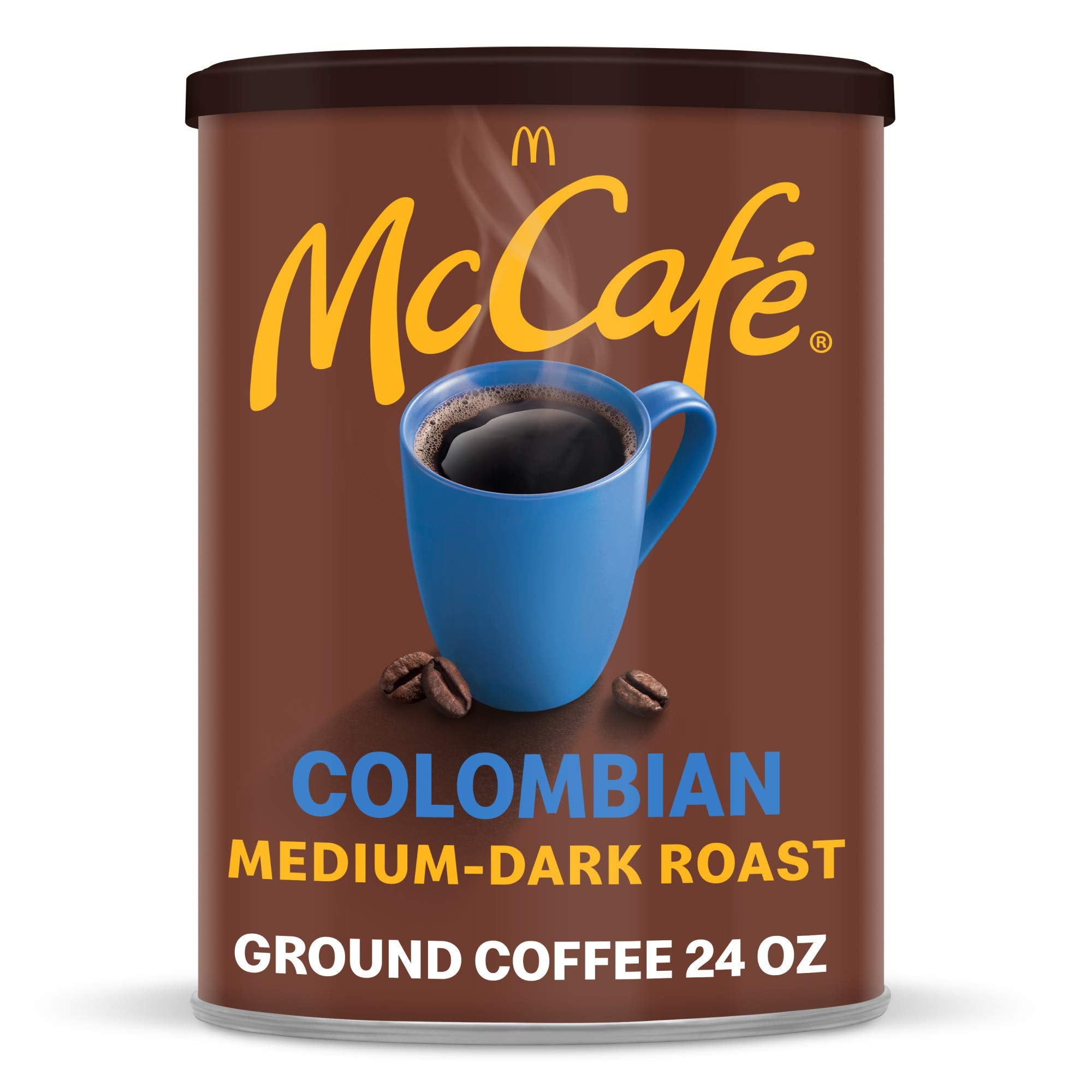 McCafé Colombian ground coffee canister preserves freshness for busy mornings.