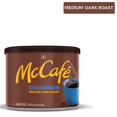 McCafé Colombian packaging emphasizes freshness-sealed canister design.