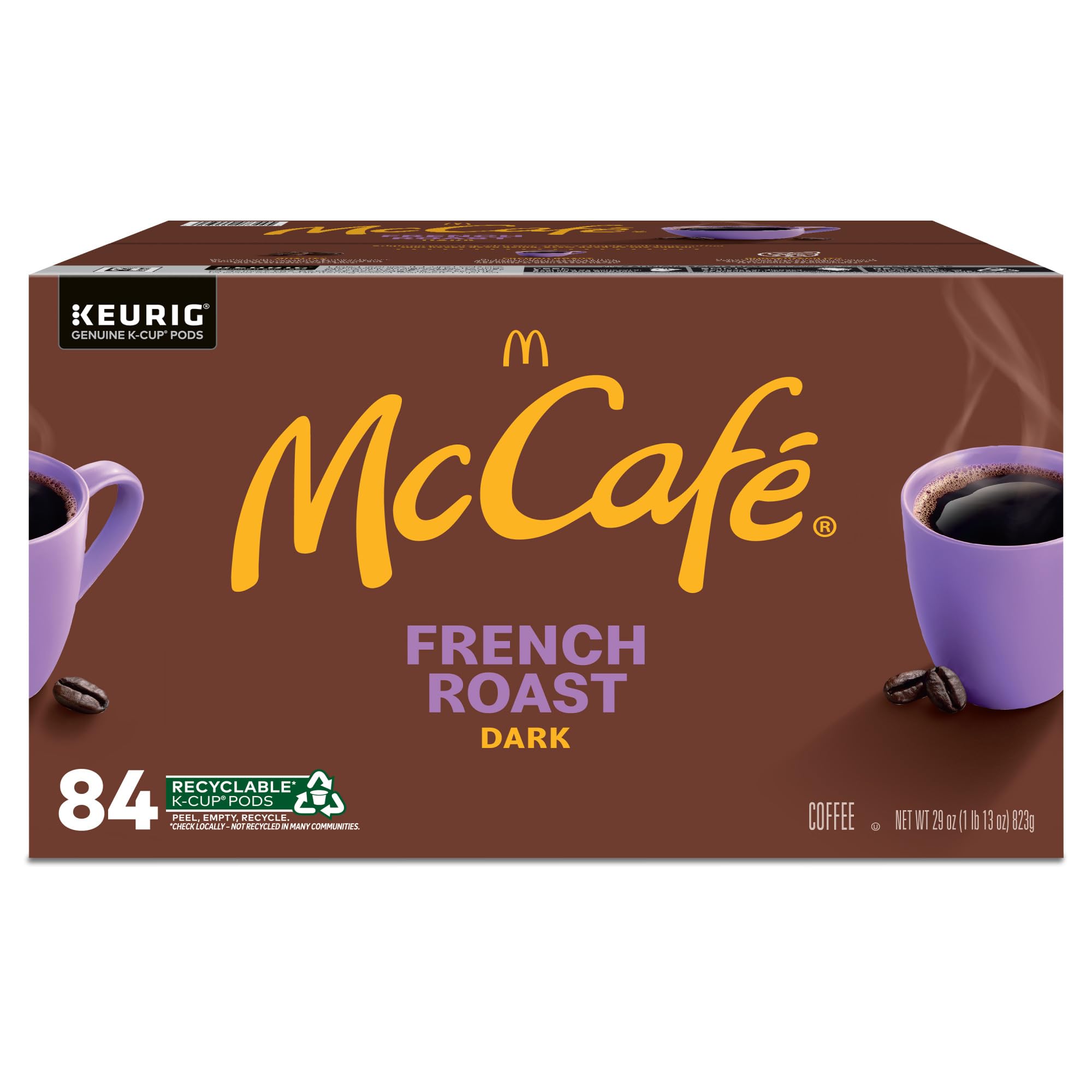 McCafé dark roast flavor profile with cocoa notes on label.