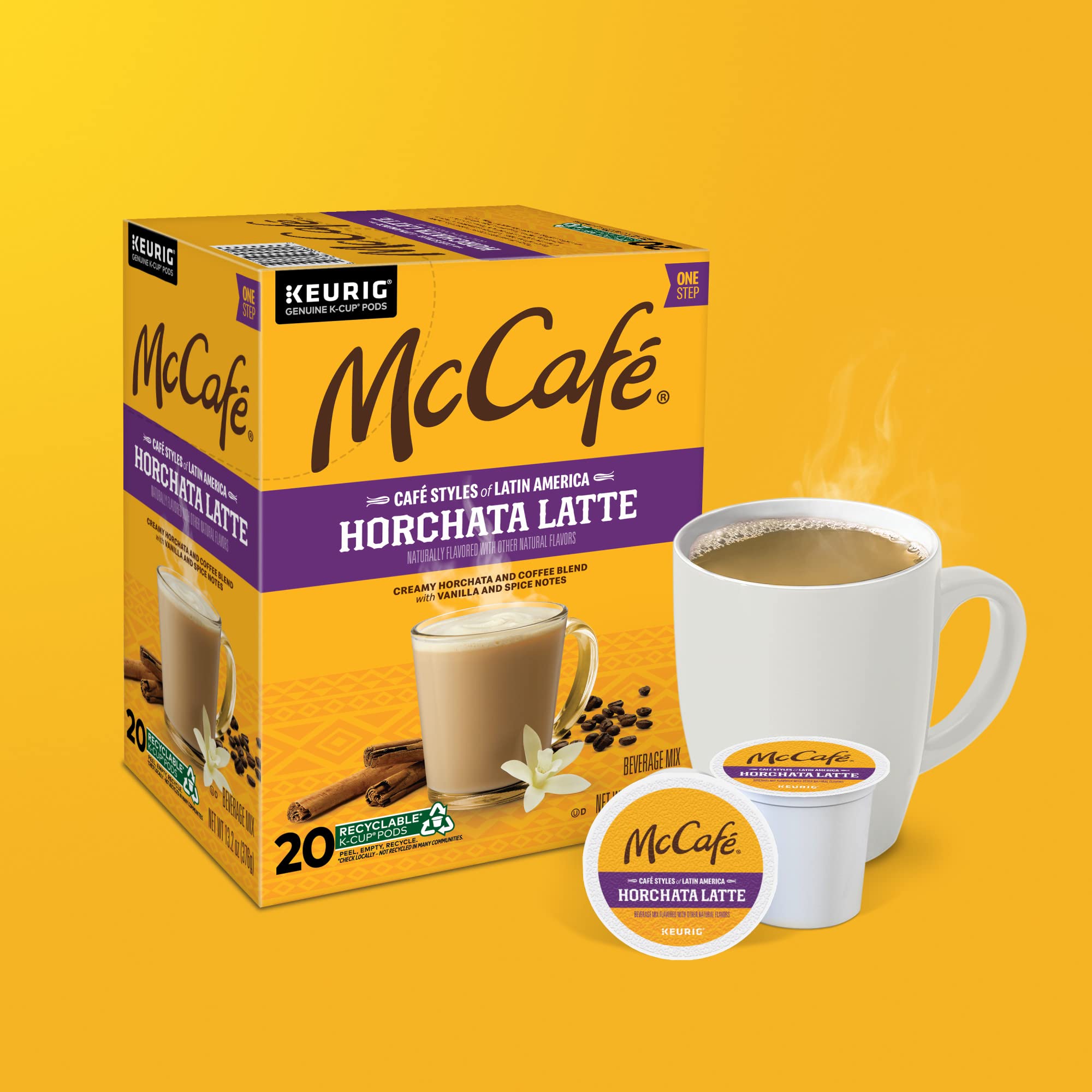 Recyclable McCafé Horchata Latte K-Cup pods in sustainable packaging