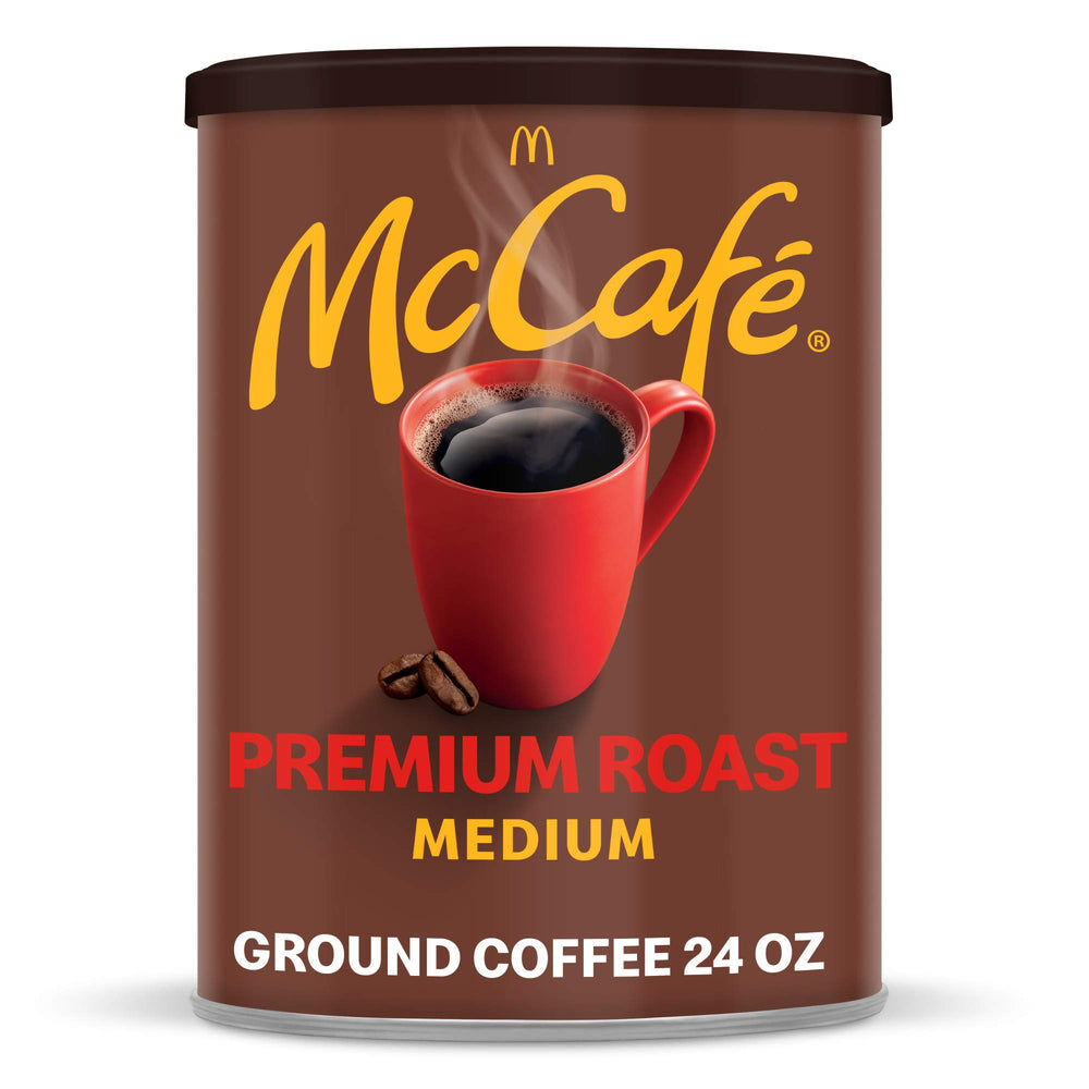 McCafé Premium Medium Roast canister on shelf preserves freshness for daily brewing.