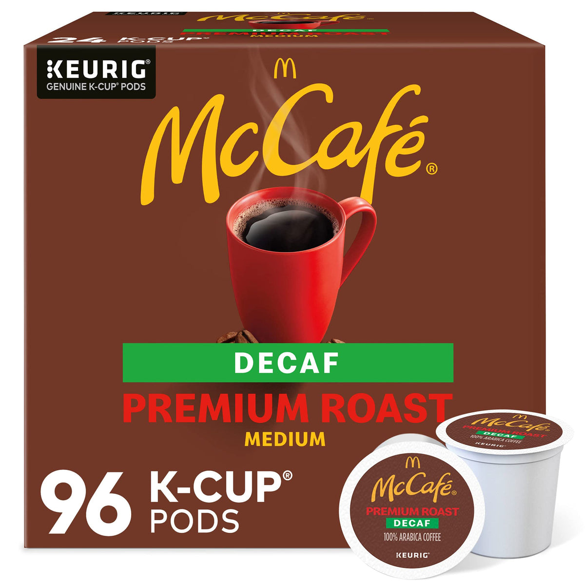 McCafé Premium Roast Decaf K-Cup pods for Keurig machines offer caffeine-free comfort.
