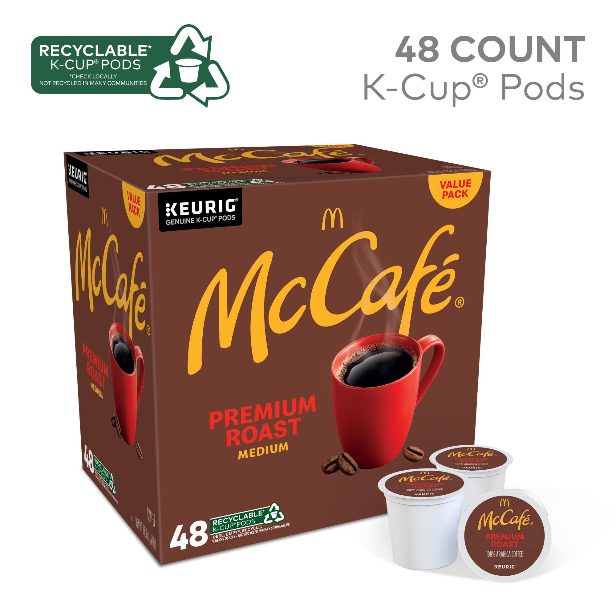 McCafé Premium Roast K-Cup pod row display highlights convenient single-serve pods.