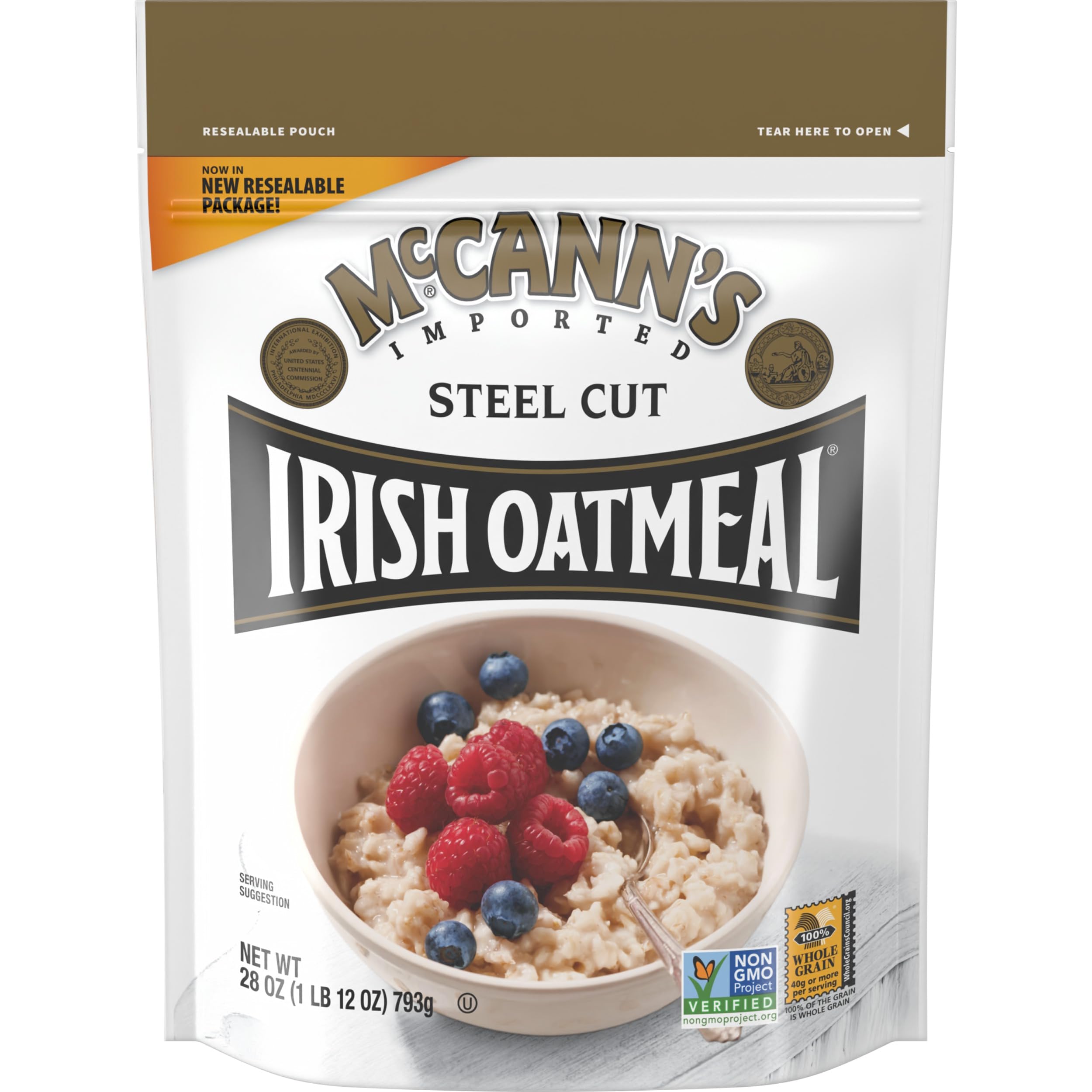 McCann's Irish Oatmeal packaging in a 28 oz bag for pantry staple.