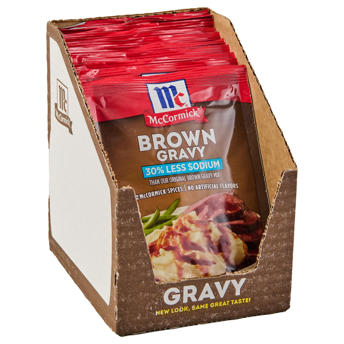 McCormick 30% Less Sodium Brown Gravy Mix packet ready to simmer for rich flavor.