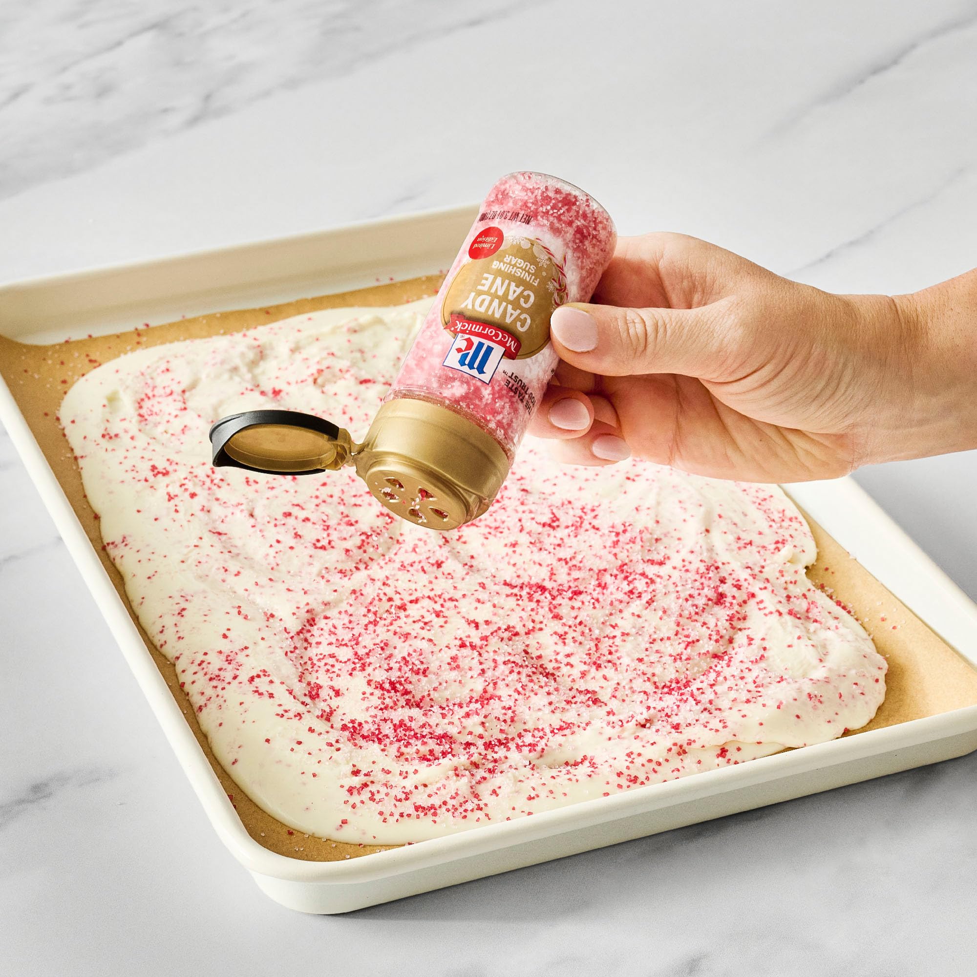 McCormick Candy Cane Finishing Sugar topping ice cream with peppermint crunch