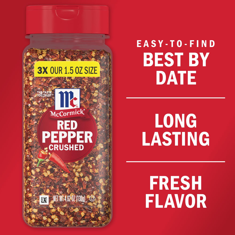 Closeup of McCormick Crushed Red Pepper jar showing vibrant flakes