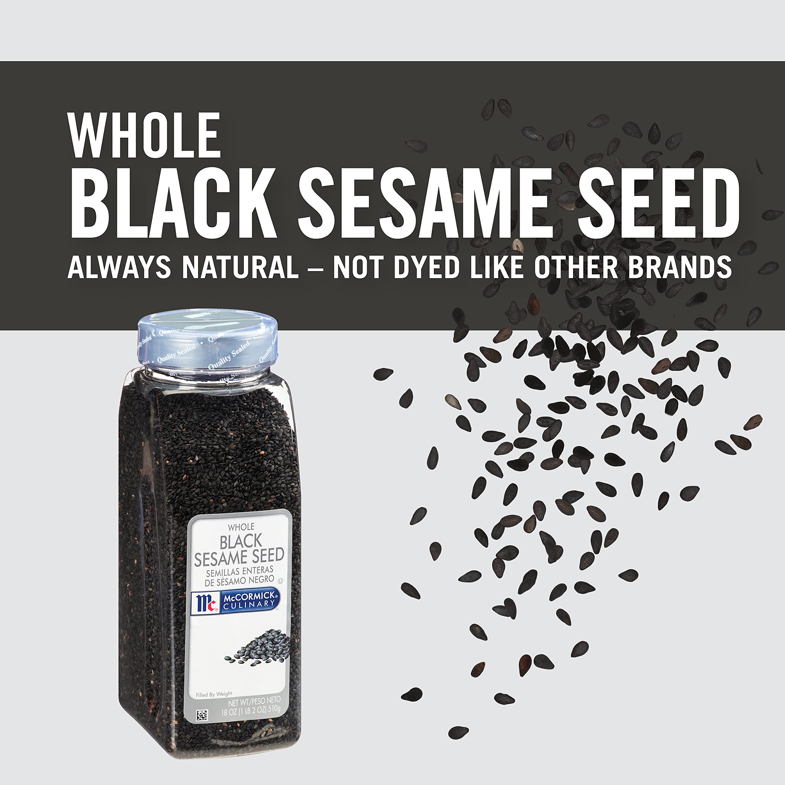 Close-up of McCormick Culinary black sesame seeds highlighting natural color