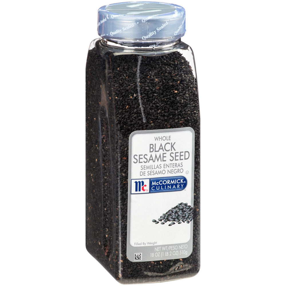 McCormick Culinary black sesame seeds in the 18-ounce container, ready for back-of-house use
