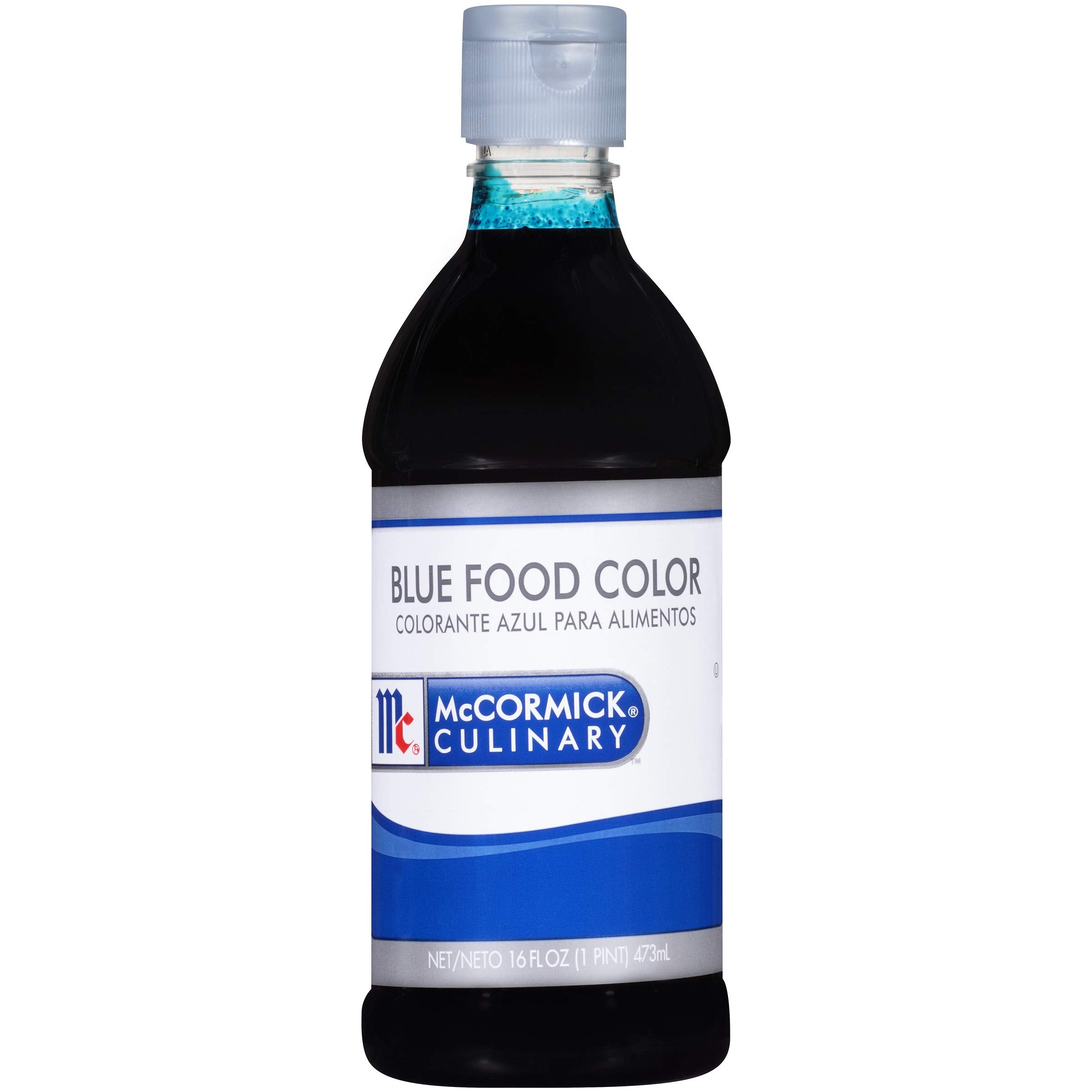McCormick Culinary blue food coloring bottle close-up showing rich hue for desserts.