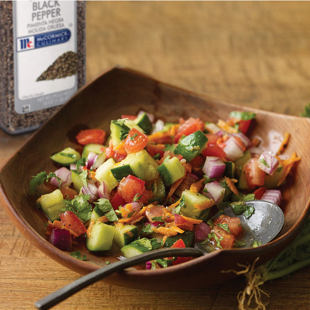 McCormick Culinary coarse grind black pepper used on poultry for even seasoning.