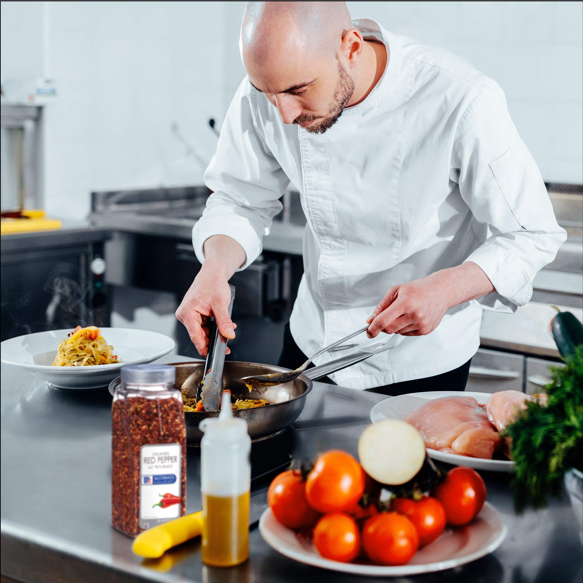 McCormick Culinary crushed red pepper bottle-dispense shows easy portioning for chefs.