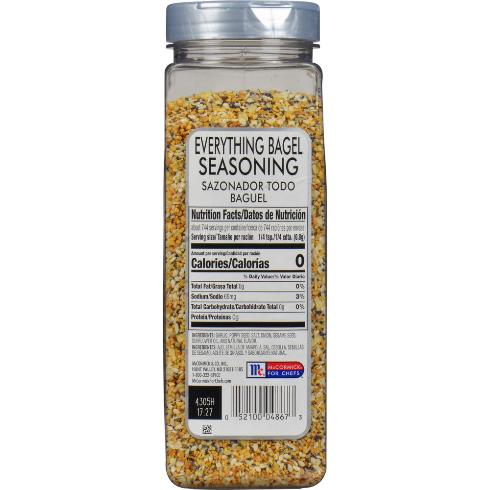 McCormick Culinary Everything Bagel Seasoning bottle being sprinkled for texture and aroma.