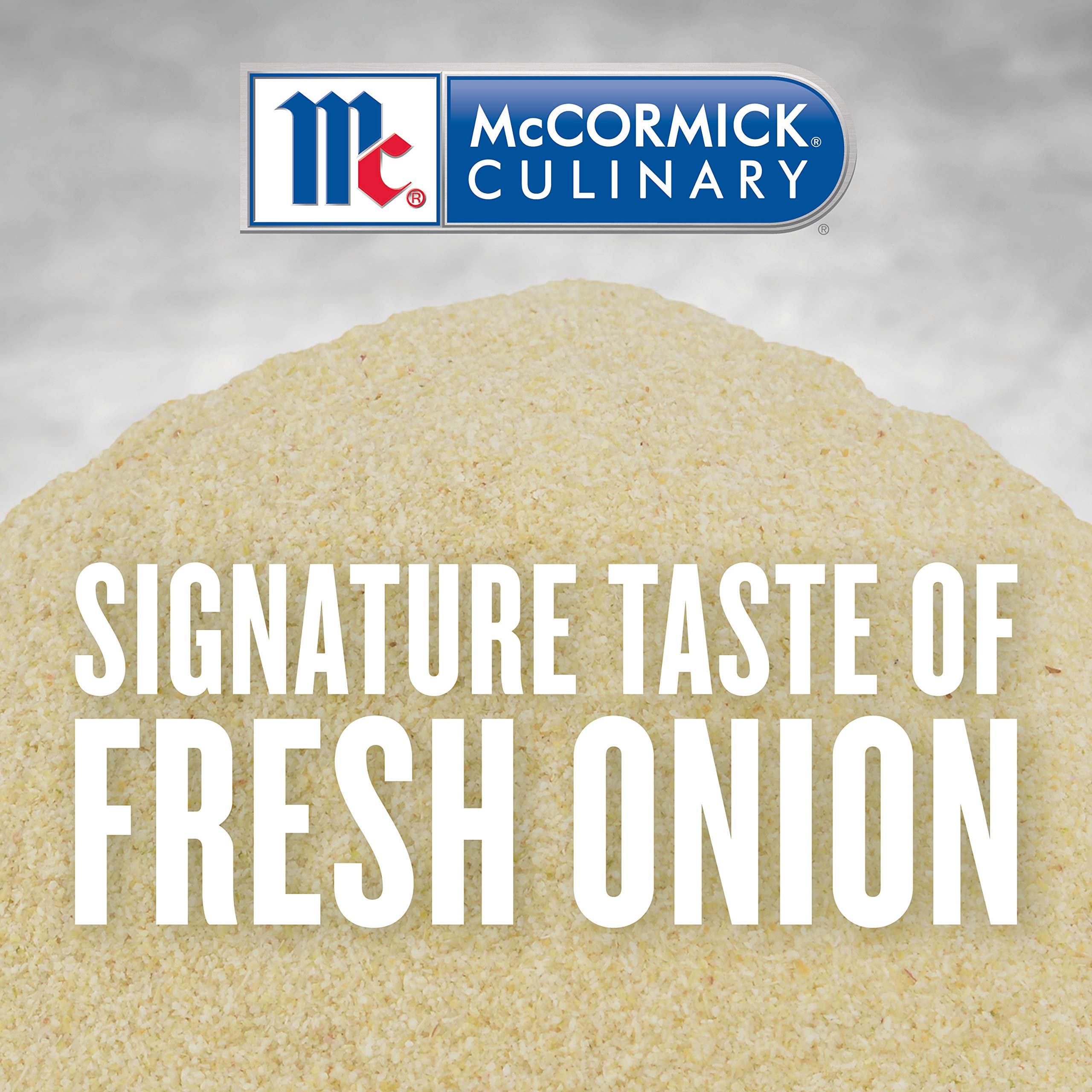 McCormick Culinary granulated onion container-label-closeup highlights kosher, no MSG quality.