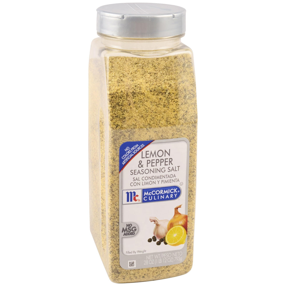 McCormick Culinary Lemon and Pepper Seasoning Salt bottle for bright citrus seasoning on vegetables.