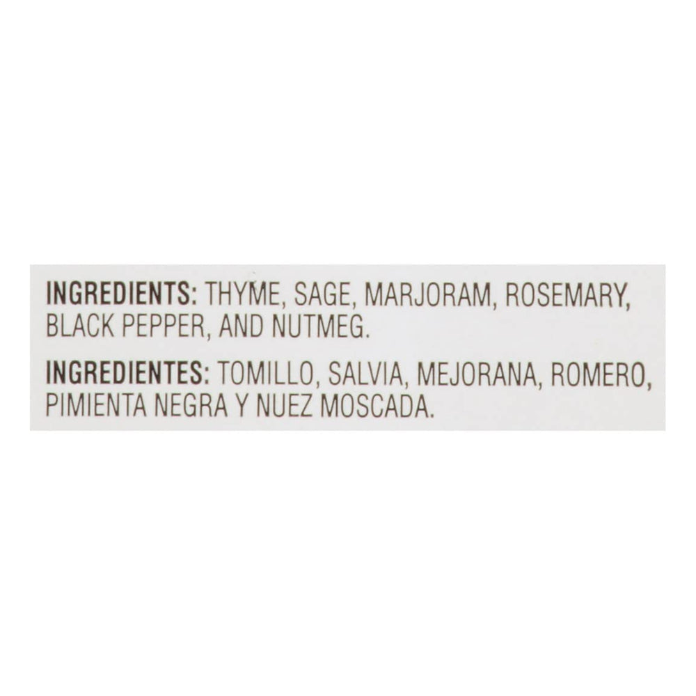 McCormick Culinary Poultry Seasoning label closeup shows thyme, marjoram, sage
