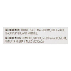 McCormick Culinary Poultry Seasoning label closeup shows thyme, marjoram, sage