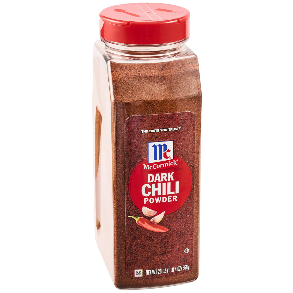 McCormick Dark Chili Powder jar closeup showing deep color and aroma for chili