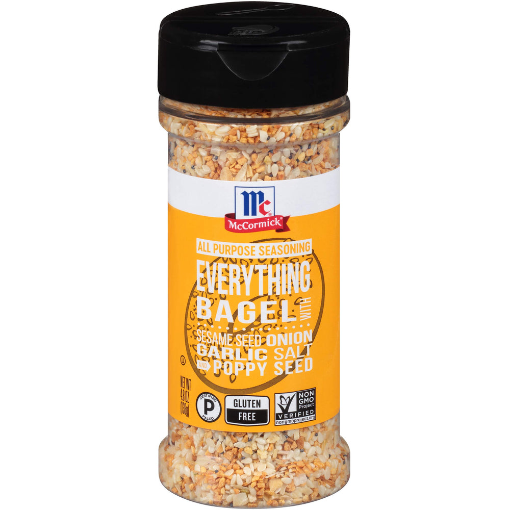 McCormick Everything Bagel All-Purpose Seasoning jar on a kitchen counter for quick flavor.