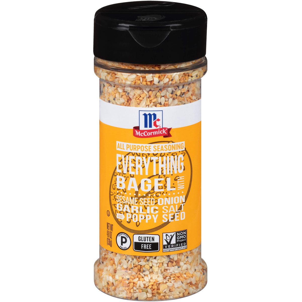 McCormick Everything Bagel All-Purpose Seasoning jar on a kitchen counter for quick flavor.