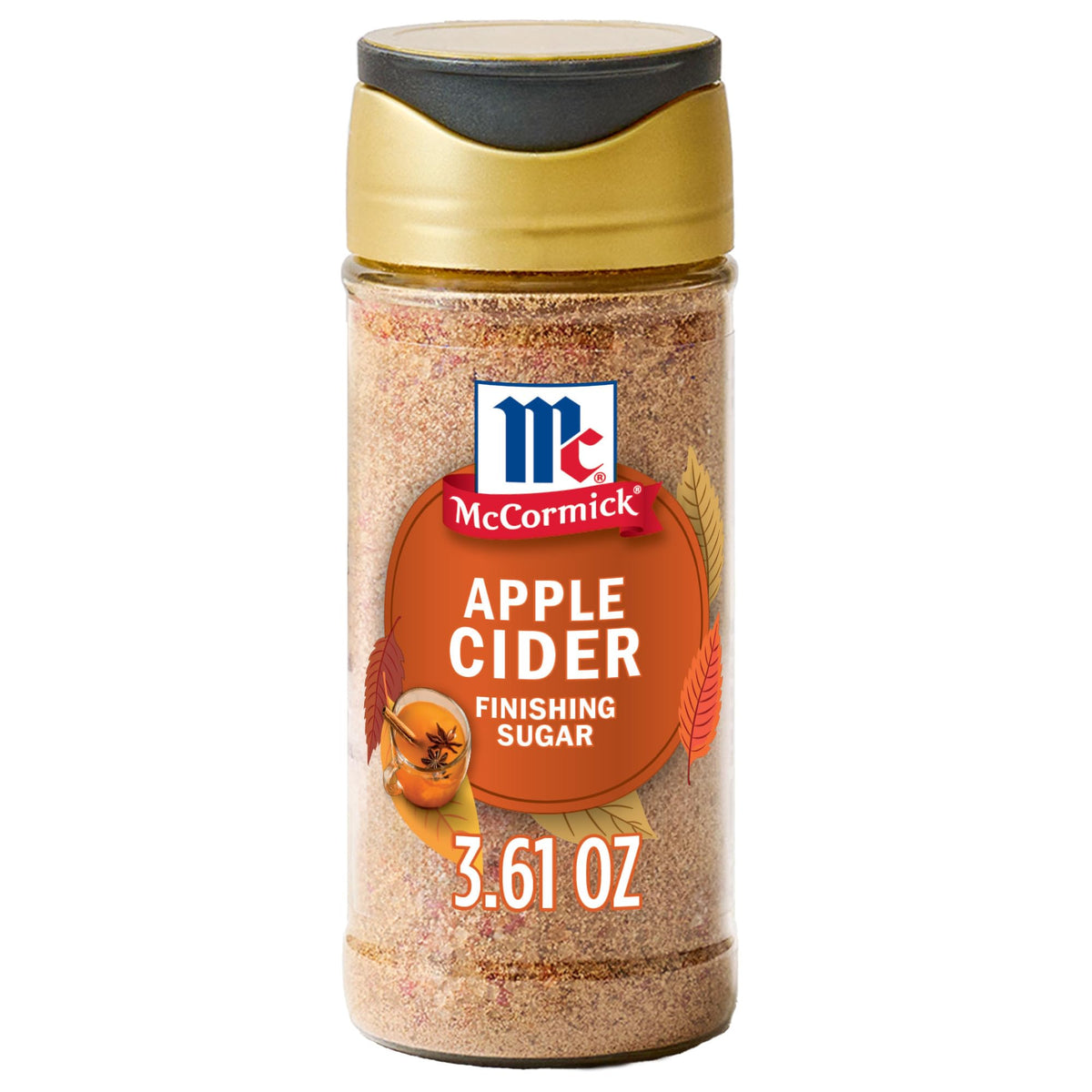 McCormick Apple Cider Finishing Sugar bottle highlights tart apple and spice for seasonal drinks and treats.