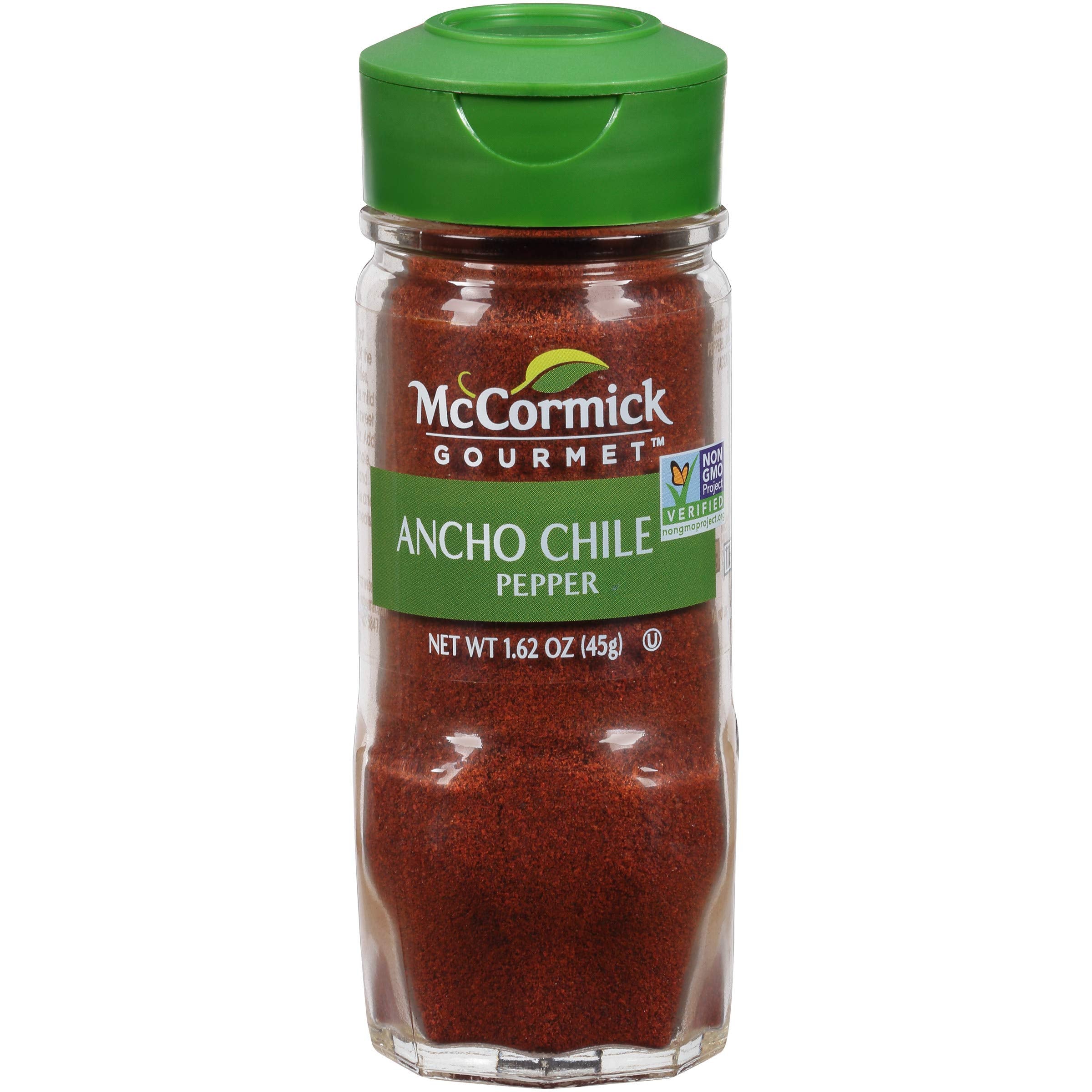 McCormick Gourmet Ancho Chile Pepper bottle closeup for rich, milder heat in salsas.