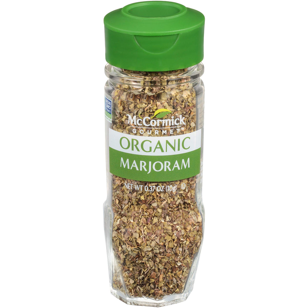 McCormick Gourmet Organic Marjoram bottle on shelf adds savory notes for poultry