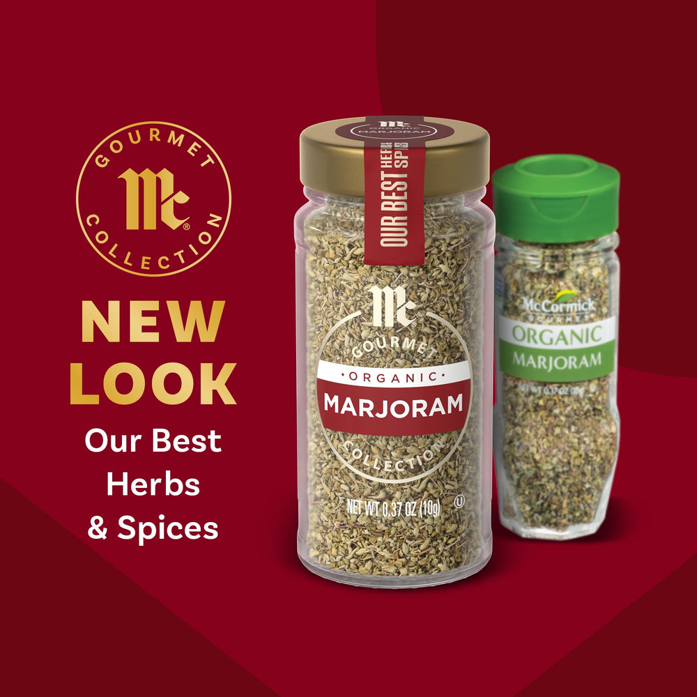 McCormick Gourmet Organic Marjoram label closeup shows organic certification and fresh packaging
