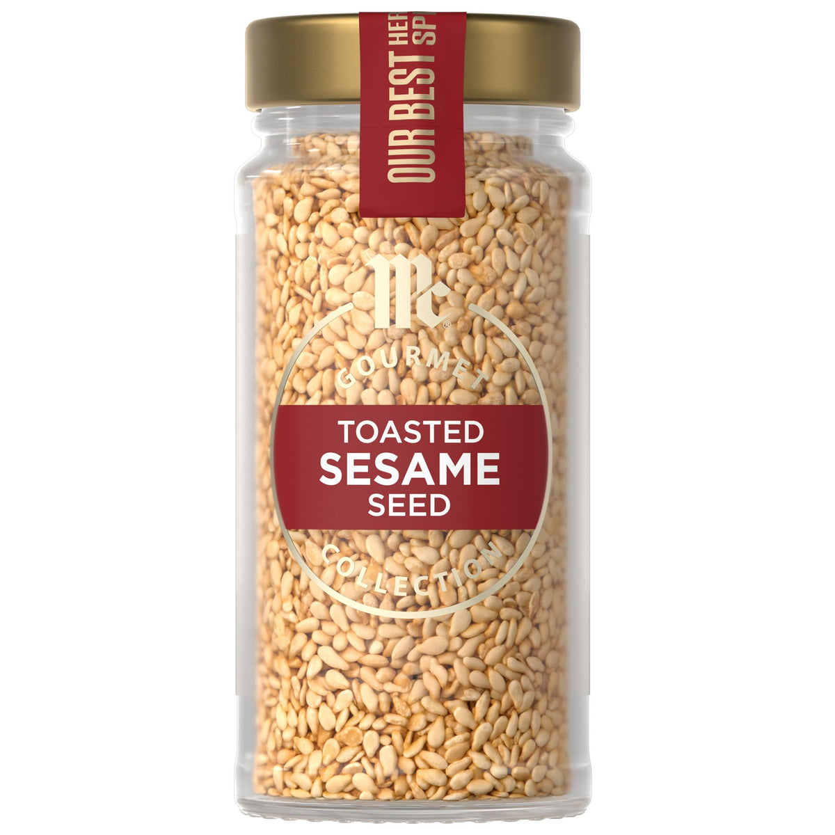 McCormick Gourmet Toasted Sesame Seed bottle adds golden color and nutty aroma to dishes