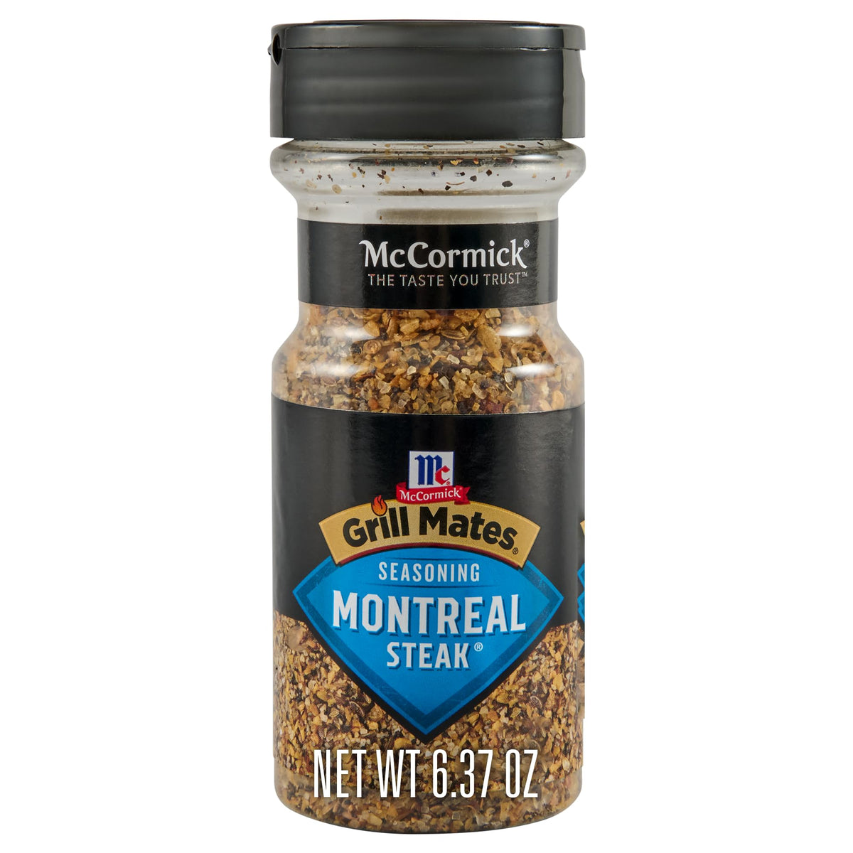 McCormick Grill Mates Montreal Steak Seasoning bottle label adds bold aroma before grilling.