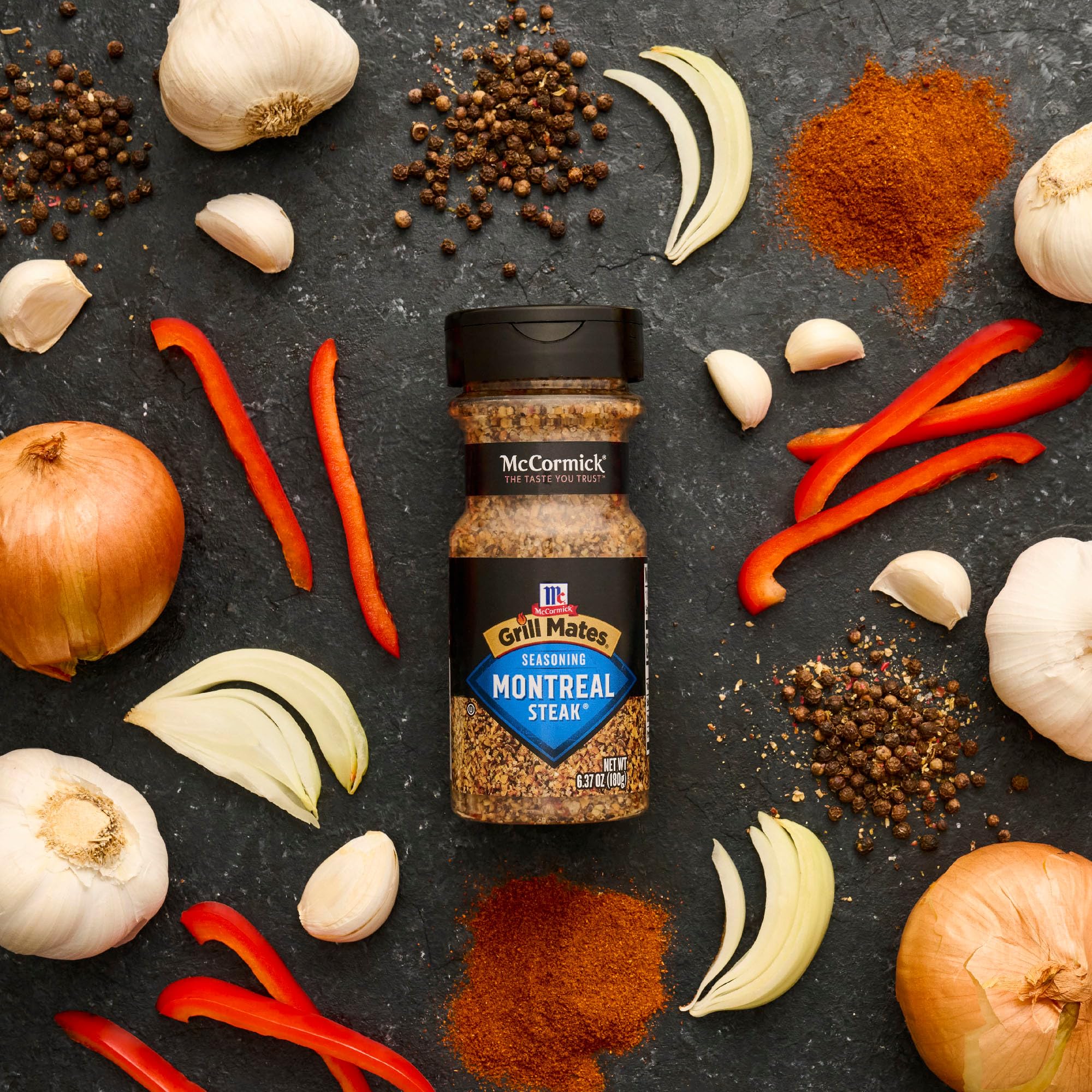 McCormick Grill Mates Montreal Steak Seasoning canister within reach.