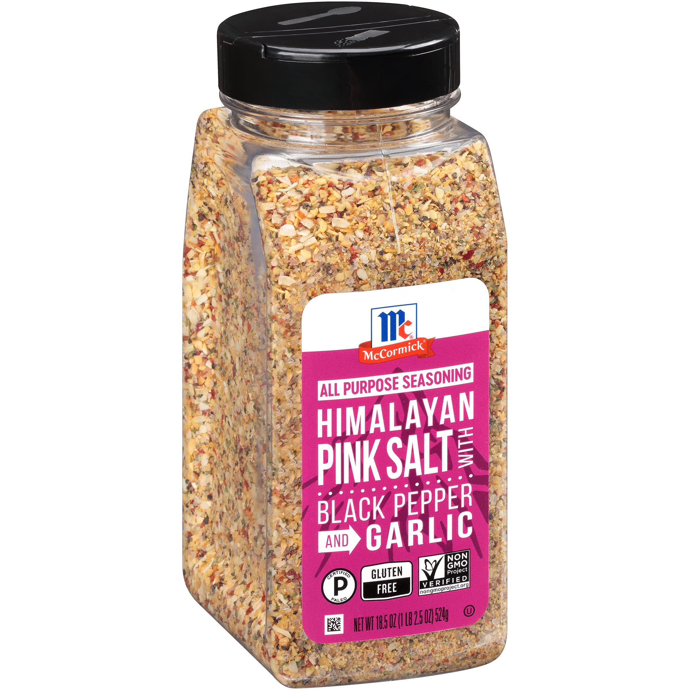 McCormick Himalayan Pink Salt with Black Pepper and Garlic bottle adds garlicky flavor to beef.