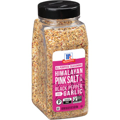 McCormick Himalayan Pink Salt with Black Pepper and Garlic bottle adds garlicky flavor to beef.