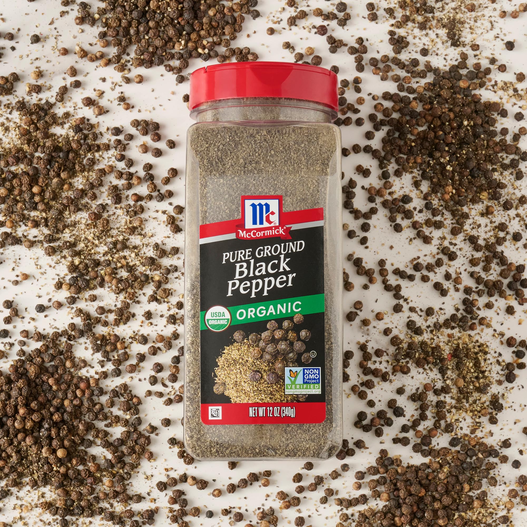 McCormick Organic Black Pepper label shows USDA Organic and Non-GMO Verified.